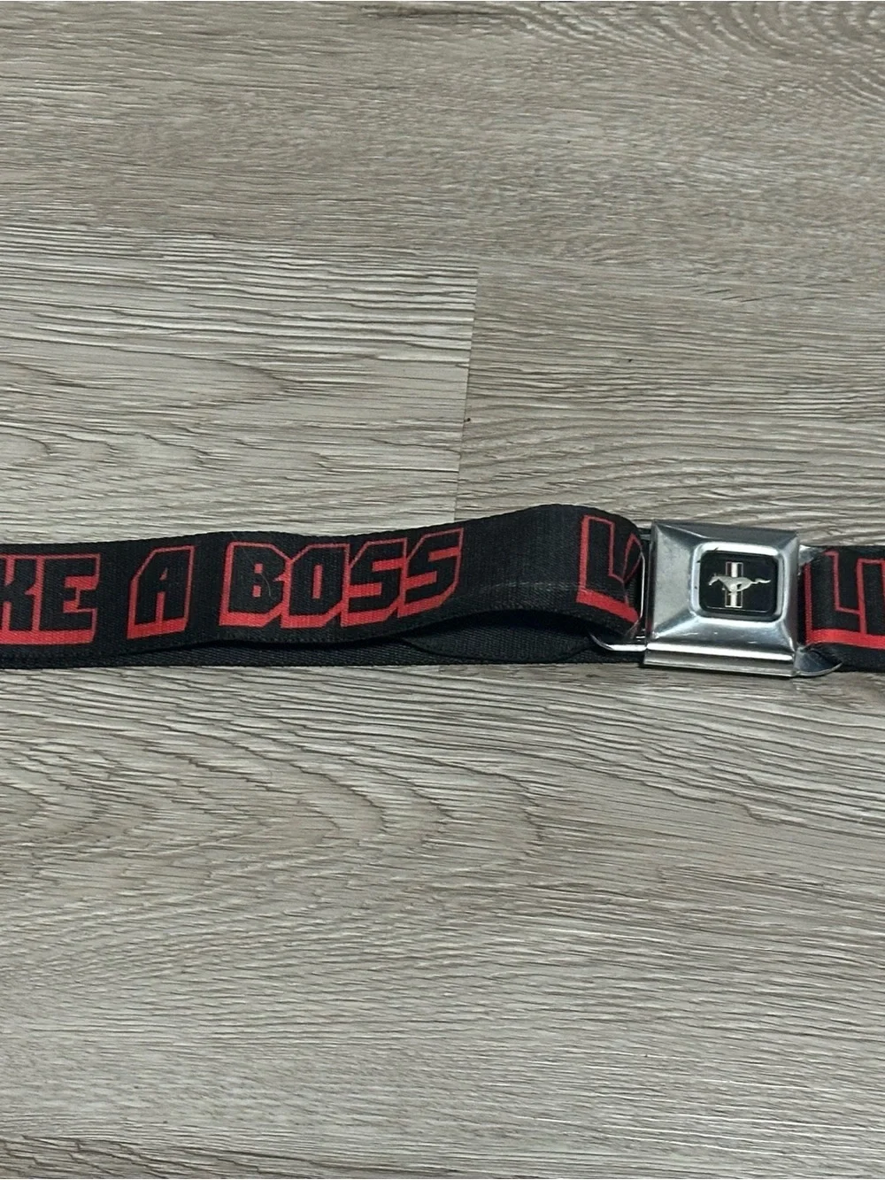 Buckle-Down Black & Red Mustang Seatbelt Belt with Enamel Pony Buckle